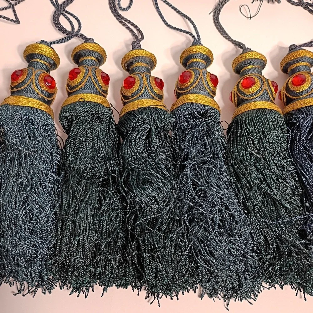 Dark Green Christmas Tassel Ornaments, Lot of 18, Red Gold Accents, Bohemian 7